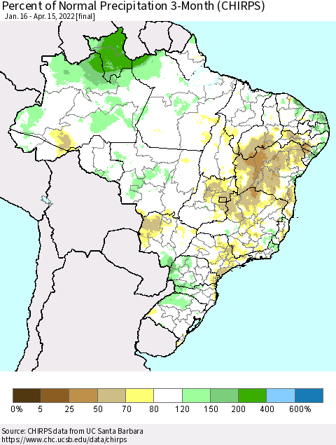 Brazil Percent of Normal Precipitation 3-Month (CHIRPS) Thematic Map For 1/16/2022 - 4/15/2022