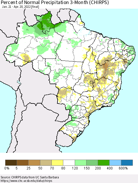 Brazil Percent of Normal Precipitation 3-Month (CHIRPS) Thematic Map For 1/21/2022 - 4/20/2022