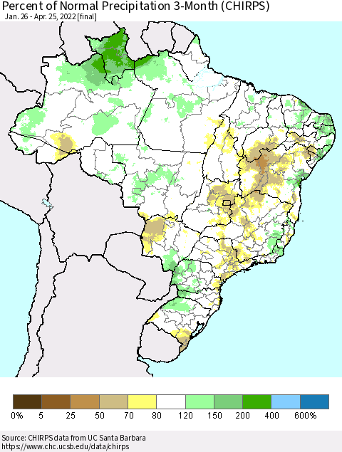 Brazil Percent of Normal Precipitation 3-Month (CHIRPS) Thematic Map For 1/26/2022 - 4/25/2022