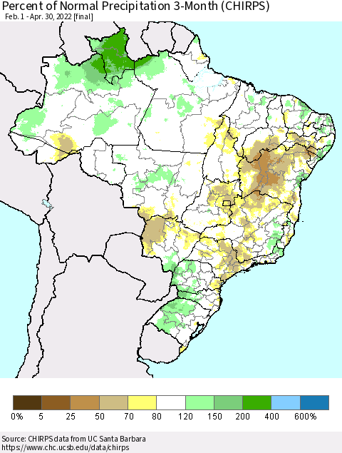 Brazil Percent of Normal Precipitation 3-Month (CHIRPS) Thematic Map For 2/1/2022 - 4/30/2022