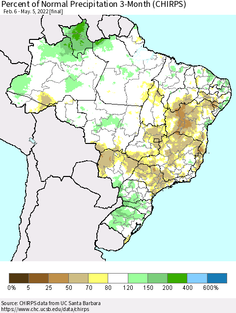 Brazil Percent of Normal Precipitation 3-Month (CHIRPS) Thematic Map For 2/6/2022 - 5/5/2022