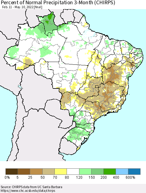 Brazil Percent of Normal Precipitation 3-Month (CHIRPS) Thematic Map For 2/11/2022 - 5/10/2022