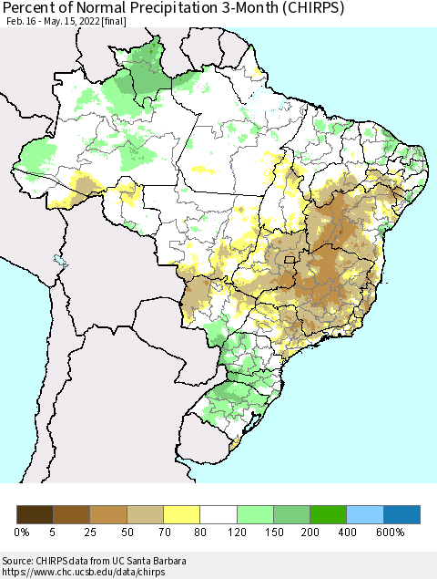 Brazil Percent of Normal Precipitation 3-Month (CHIRPS) Thematic Map For 2/16/2022 - 5/15/2022