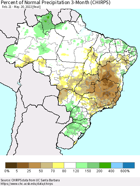 Brazil Percent of Normal Precipitation 3-Month (CHIRPS) Thematic Map For 2/21/2022 - 5/20/2022