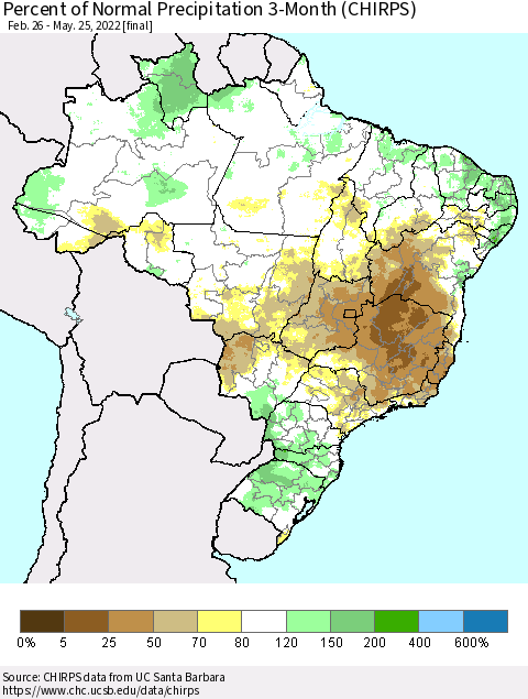 Brazil Percent of Normal Precipitation 3-Month (CHIRPS) Thematic Map For 2/26/2022 - 5/25/2022