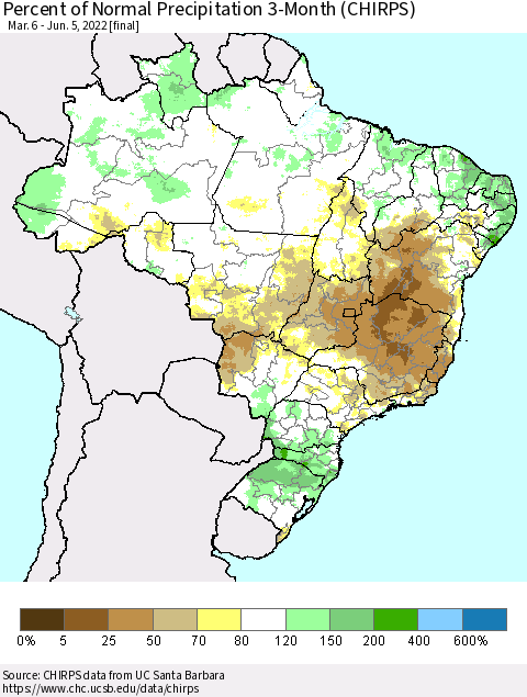 Brazil Percent of Normal Precipitation 3-Month (CHIRPS) Thematic Map For 3/6/2022 - 6/5/2022