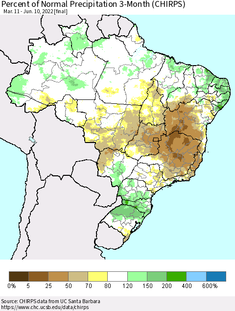 Brazil Percent of Normal Precipitation 3-Month (CHIRPS) Thematic Map For 3/11/2022 - 6/10/2022