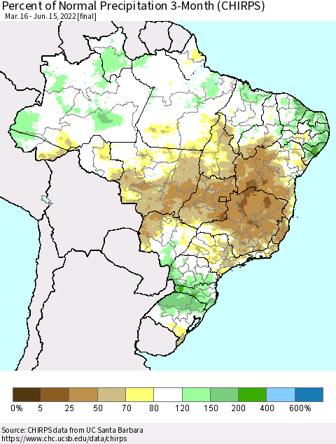 Brazil Percent of Normal Precipitation 3-Month (CHIRPS) Thematic Map For 3/16/2022 - 6/15/2022
