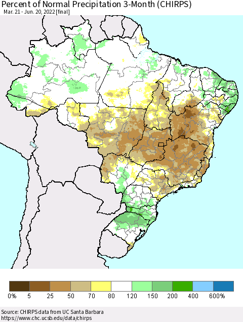 Brazil Percent of Normal Precipitation 3-Month (CHIRPS) Thematic Map For 3/21/2022 - 6/20/2022