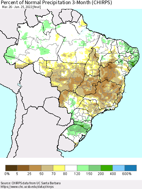 Brazil Percent of Normal Precipitation 3-Month (CHIRPS) Thematic Map For 3/26/2022 - 6/25/2022