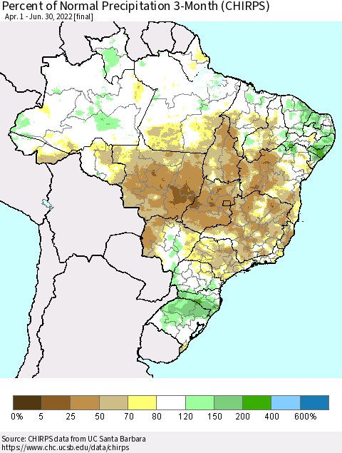 Brazil Percent of Normal Precipitation 3-Month (CHIRPS) Thematic Map For 4/1/2022 - 6/30/2022