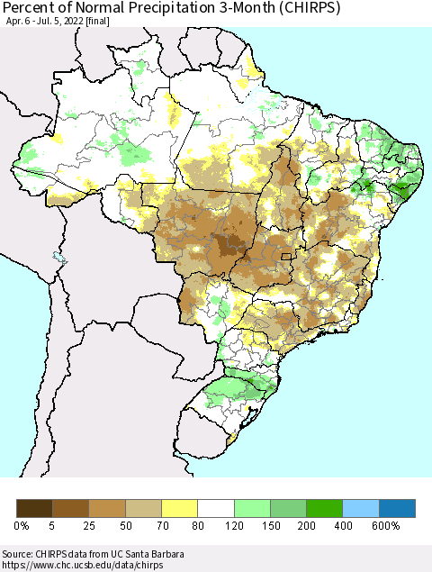 Brazil Percent of Normal Precipitation 3-Month (CHIRPS) Thematic Map For 4/6/2022 - 7/5/2022