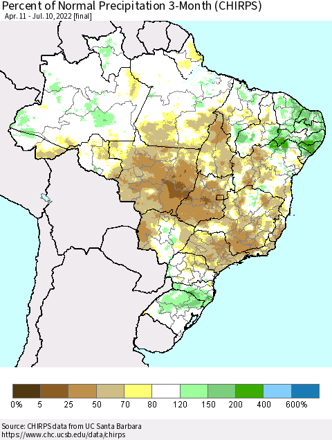 Brazil Percent of Normal Precipitation 3-Month (CHIRPS) Thematic Map For 4/11/2022 - 7/10/2022