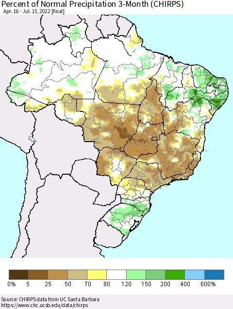 Brazil Percent of Normal Precipitation 3-Month (CHIRPS) Thematic Map For 4/16/2022 - 7/15/2022