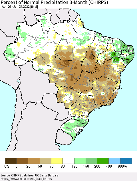 Brazil Percent of Normal Precipitation 3-Month (CHIRPS) Thematic Map For 4/26/2022 - 7/25/2022