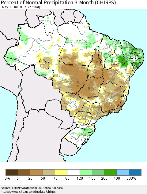 Brazil Percent of Normal Precipitation 3-Month (CHIRPS) Thematic Map For 5/1/2022 - 7/31/2022
