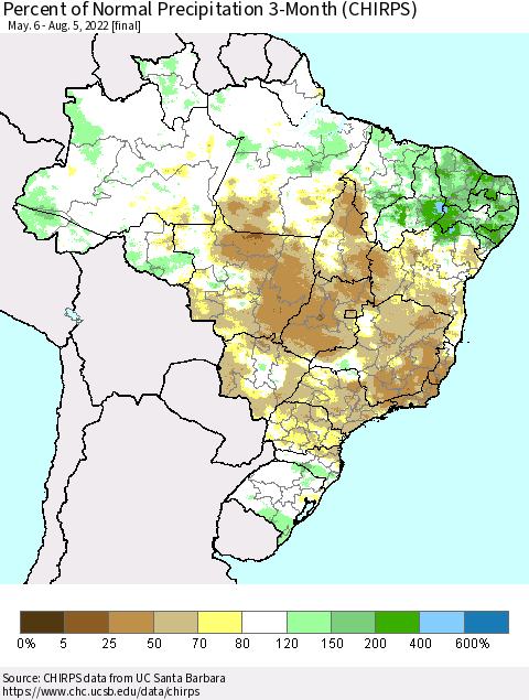 Brazil Percent of Normal Precipitation 3-Month (CHIRPS) Thematic Map For 5/6/2022 - 8/5/2022