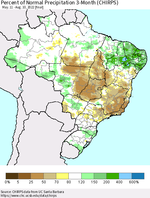 Brazil Percent of Normal Precipitation 3-Month (CHIRPS) Thematic Map For 5/11/2022 - 8/10/2022