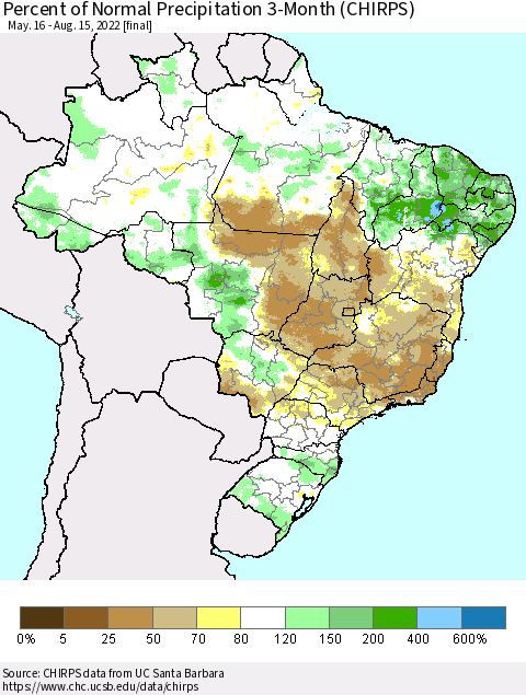 Brazil Percent of Normal Precipitation 3-Month (CHIRPS) Thematic Map For 5/16/2022 - 8/15/2022