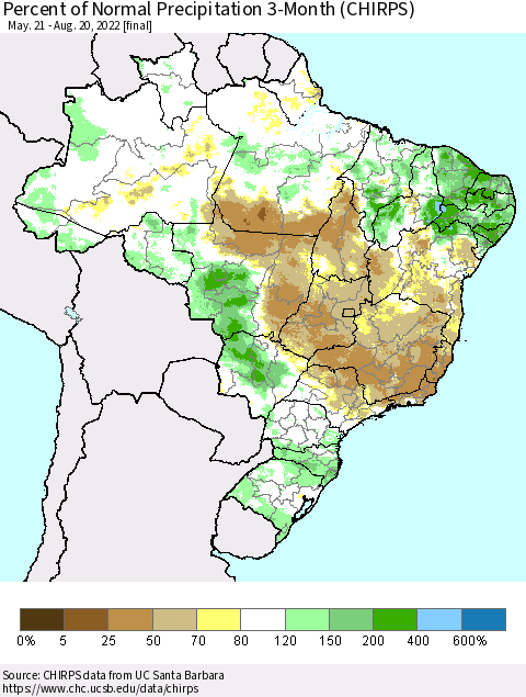 Brazil Percent of Normal Precipitation 3-Month (CHIRPS) Thematic Map For 5/21/2022 - 8/20/2022