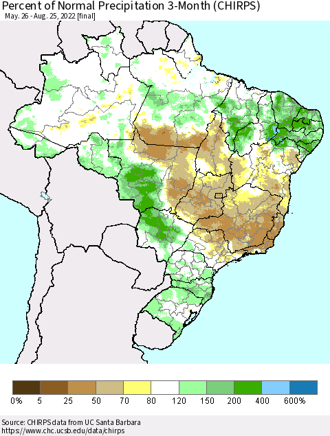 Brazil Percent of Normal Precipitation 3-Month (CHIRPS) Thematic Map For 5/26/2022 - 8/25/2022