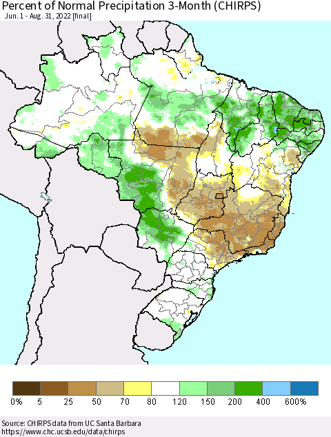 Brazil Percent of Normal Precipitation 3-Month (CHIRPS) Thematic Map For 6/1/2022 - 8/31/2022
