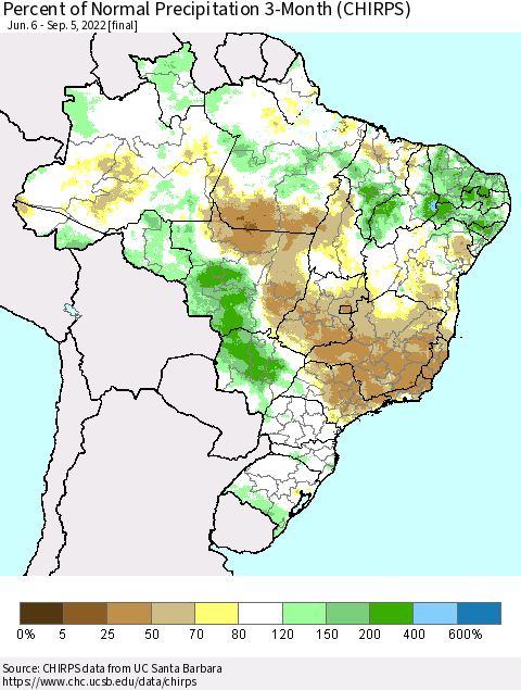 Brazil Percent of Normal Precipitation 3-Month (CHIRPS) Thematic Map For 6/6/2022 - 9/5/2022