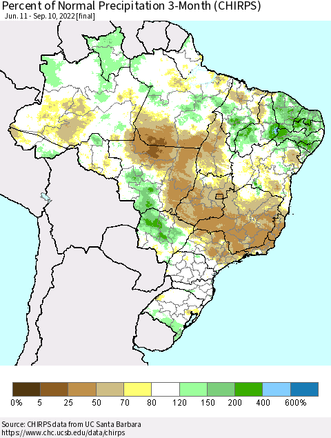 Brazil Percent of Normal Precipitation 3-Month (CHIRPS) Thematic Map For 6/11/2022 - 9/10/2022