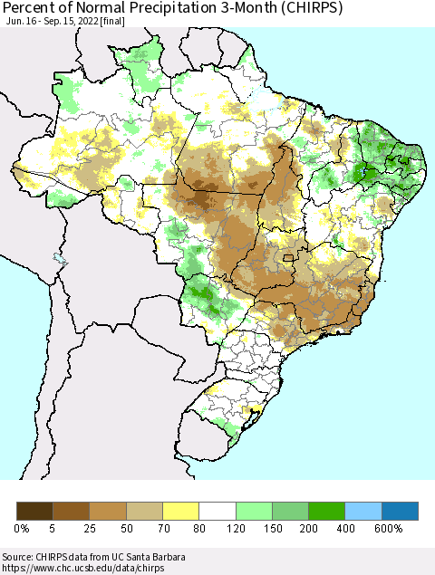 Brazil Percent of Normal Precipitation 3-Month (CHIRPS) Thematic Map For 6/16/2022 - 9/15/2022
