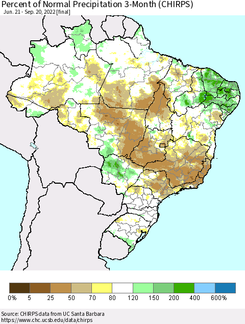Brazil Percent of Normal Precipitation 3-Month (CHIRPS) Thematic Map For 6/21/2022 - 9/20/2022