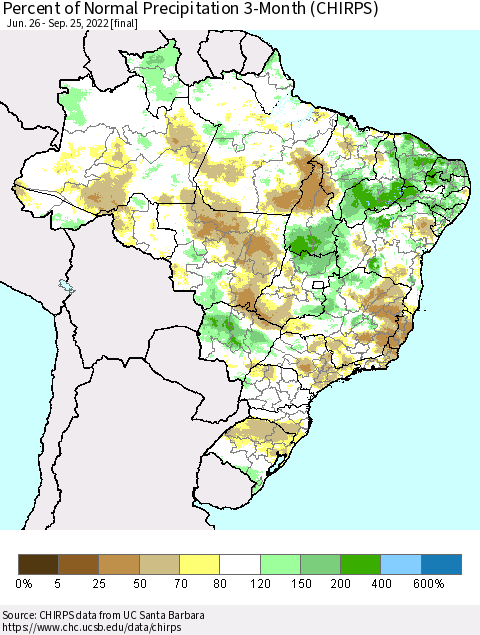 Brazil Percent of Normal Precipitation 3-Month (CHIRPS) Thematic Map For 6/26/2022 - 9/25/2022