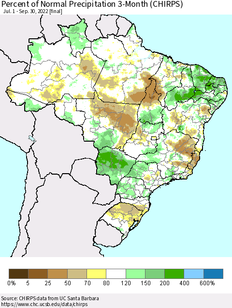 Brazil Percent of Normal Precipitation 3-Month (CHIRPS) Thematic Map For 7/1/2022 - 9/30/2022