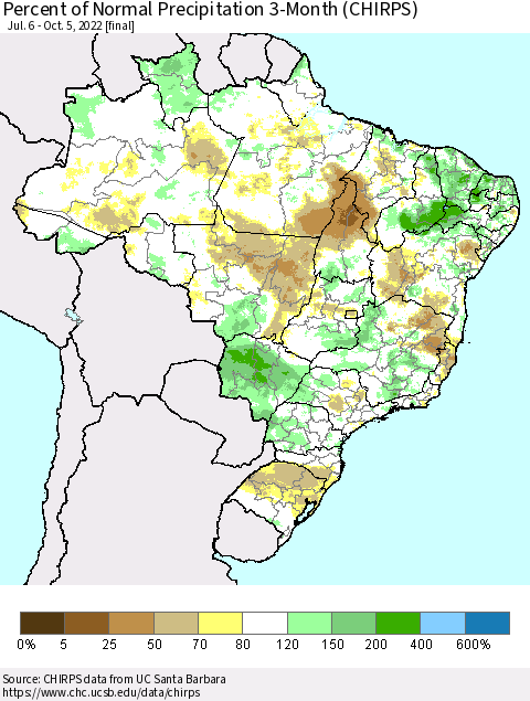 Brazil Percent of Normal Precipitation 3-Month (CHIRPS) Thematic Map For 7/6/2022 - 10/5/2022