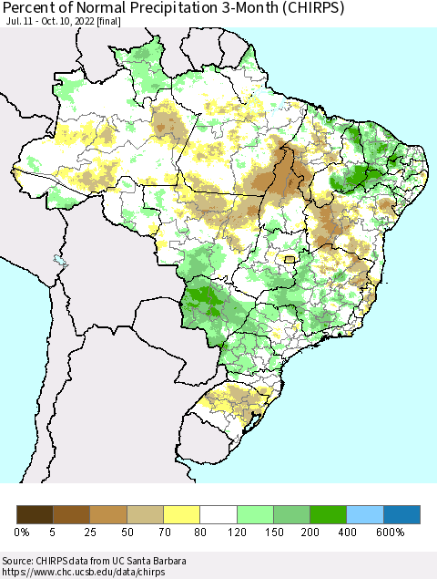 Brazil Percent of Normal Precipitation 3-Month (CHIRPS) Thematic Map For 7/11/2022 - 10/10/2022