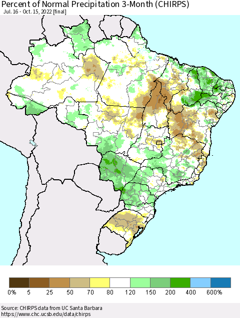 Brazil Percent of Normal Precipitation 3-Month (CHIRPS) Thematic Map For 7/16/2022 - 10/15/2022
