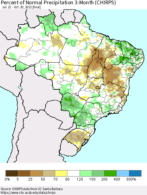 Brazil Percent of Normal Precipitation 3-Month (CHIRPS) Thematic Map For 7/21/2022 - 10/20/2022