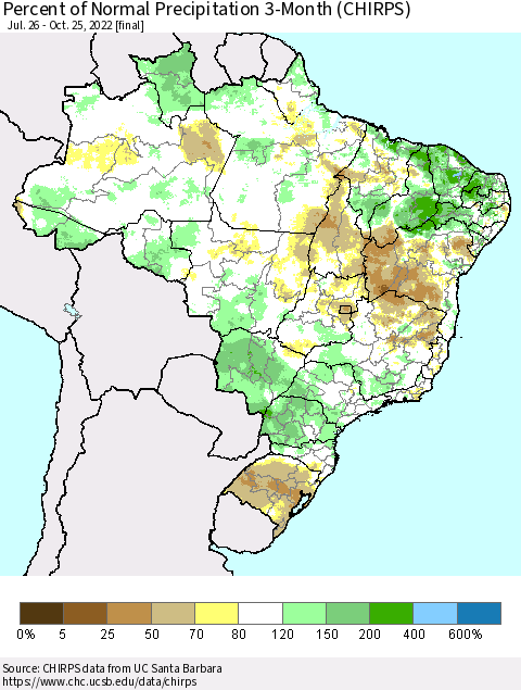 Brazil Percent of Normal Precipitation 3-Month (CHIRPS) Thematic Map For 7/26/2022 - 10/25/2022