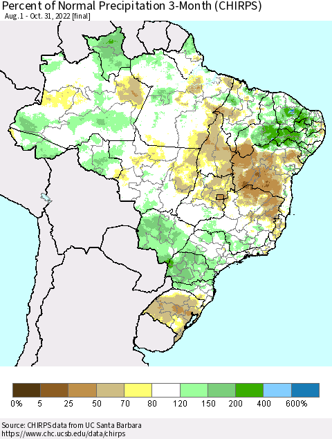 Brazil Percent of Normal Precipitation 3-Month (CHIRPS) Thematic Map For 8/1/2022 - 10/31/2022