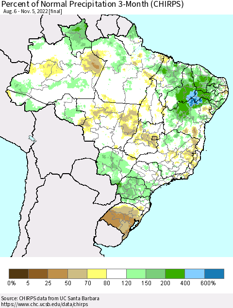 Brazil Percent of Normal Precipitation 3-Month (CHIRPS) Thematic Map For 8/6/2022 - 11/5/2022