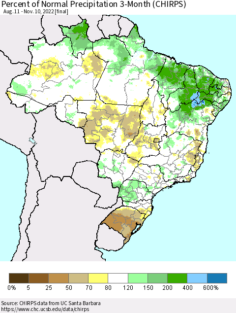Brazil Percent of Normal Precipitation 3-Month (CHIRPS) Thematic Map For 8/11/2022 - 11/10/2022