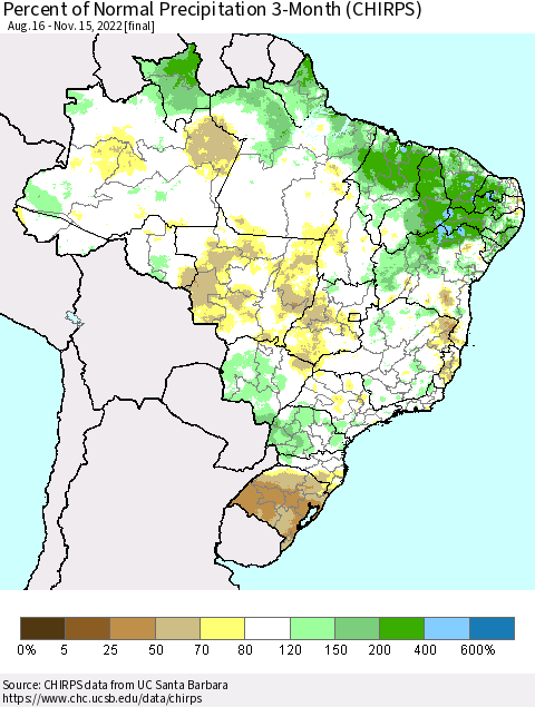 Brazil Percent of Normal Precipitation 3-Month (CHIRPS) Thematic Map For 8/16/2022 - 11/15/2022