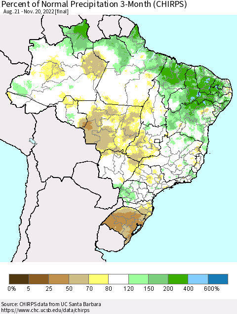 Brazil Percent of Normal Precipitation 3-Month (CHIRPS) Thematic Map For 8/21/2022 - 11/20/2022