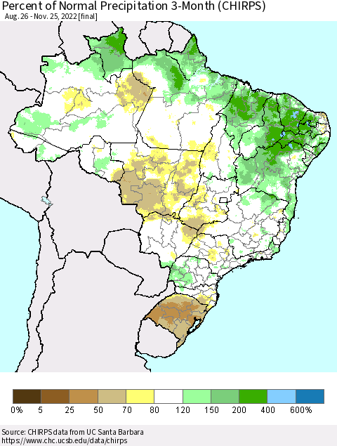 Brazil Percent of Normal Precipitation 3-Month (CHIRPS) Thematic Map For 8/26/2022 - 11/25/2022