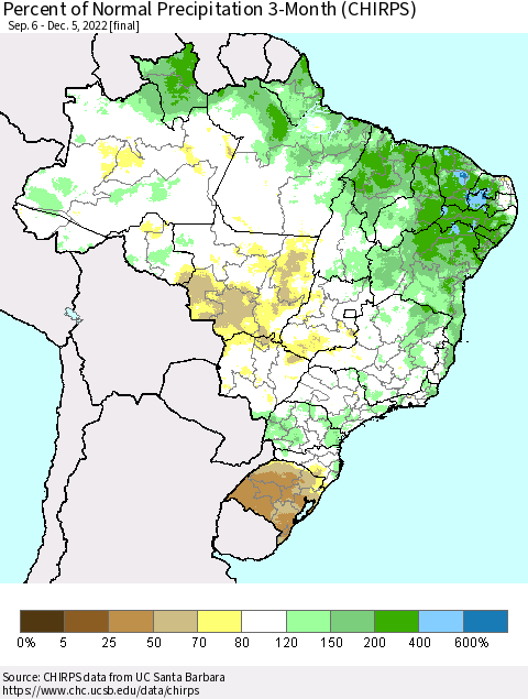 Brazil Percent of Normal Precipitation 3-Month (CHIRPS) Thematic Map For 9/6/2022 - 12/5/2022