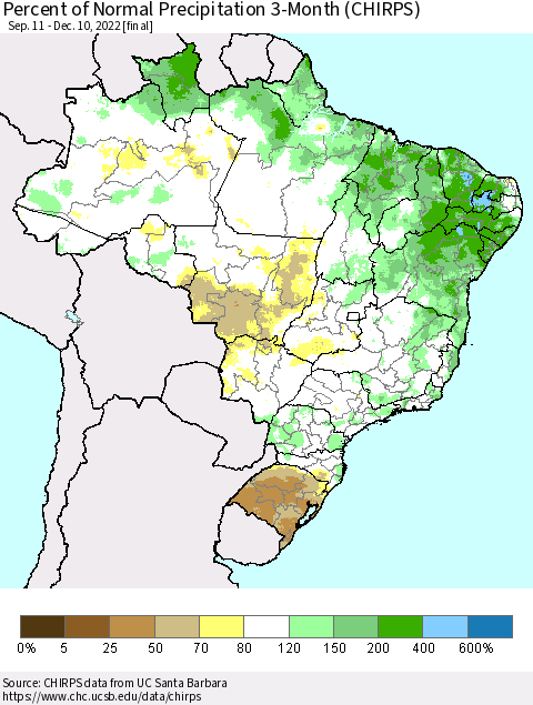 Brazil Percent of Normal Precipitation 3-Month (CHIRPS) Thematic Map For 9/11/2022 - 12/10/2022
