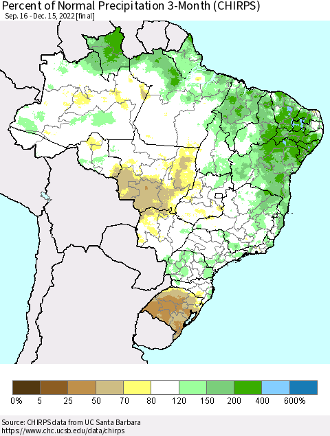 Brazil Percent of Normal Precipitation 3-Month (CHIRPS) Thematic Map For 9/16/2022 - 12/15/2022