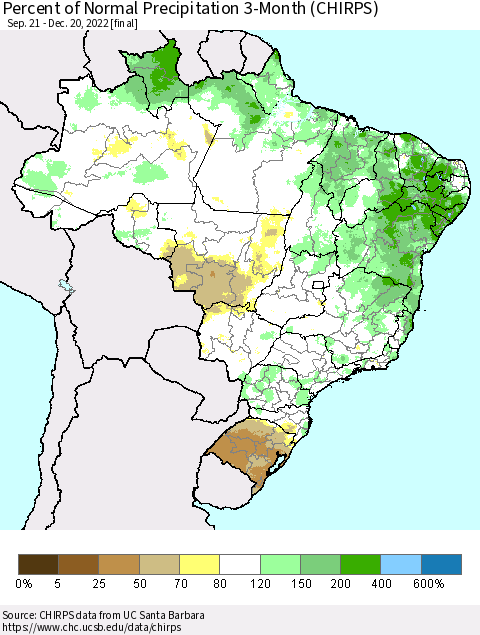 Brazil Percent of Normal Precipitation 3-Month (CHIRPS) Thematic Map For 9/21/2022 - 12/20/2022
