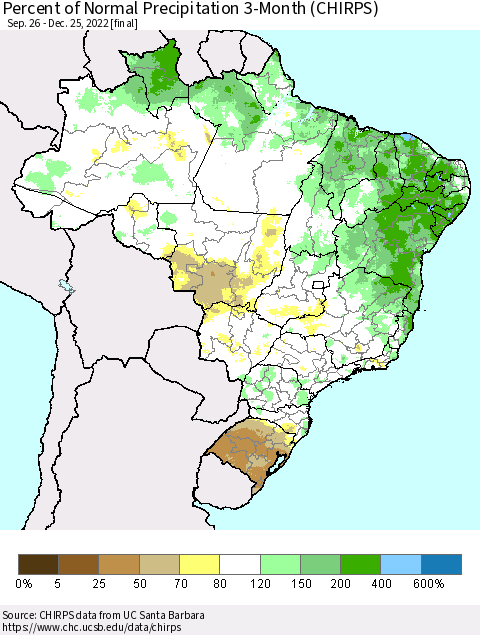 Brazil Percent of Normal Precipitation 3-Month (CHIRPS) Thematic Map For 9/26/2022 - 12/25/2022
