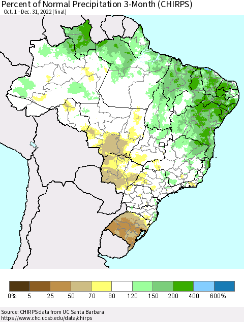 Brazil Percent of Normal Precipitation 3-Month (CHIRPS) Thematic Map For 10/1/2022 - 12/31/2022