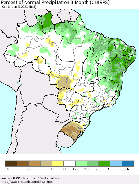 Brazil Percent of Normal Precipitation 3-Month (CHIRPS) Thematic Map For 10/6/2022 - 1/5/2023